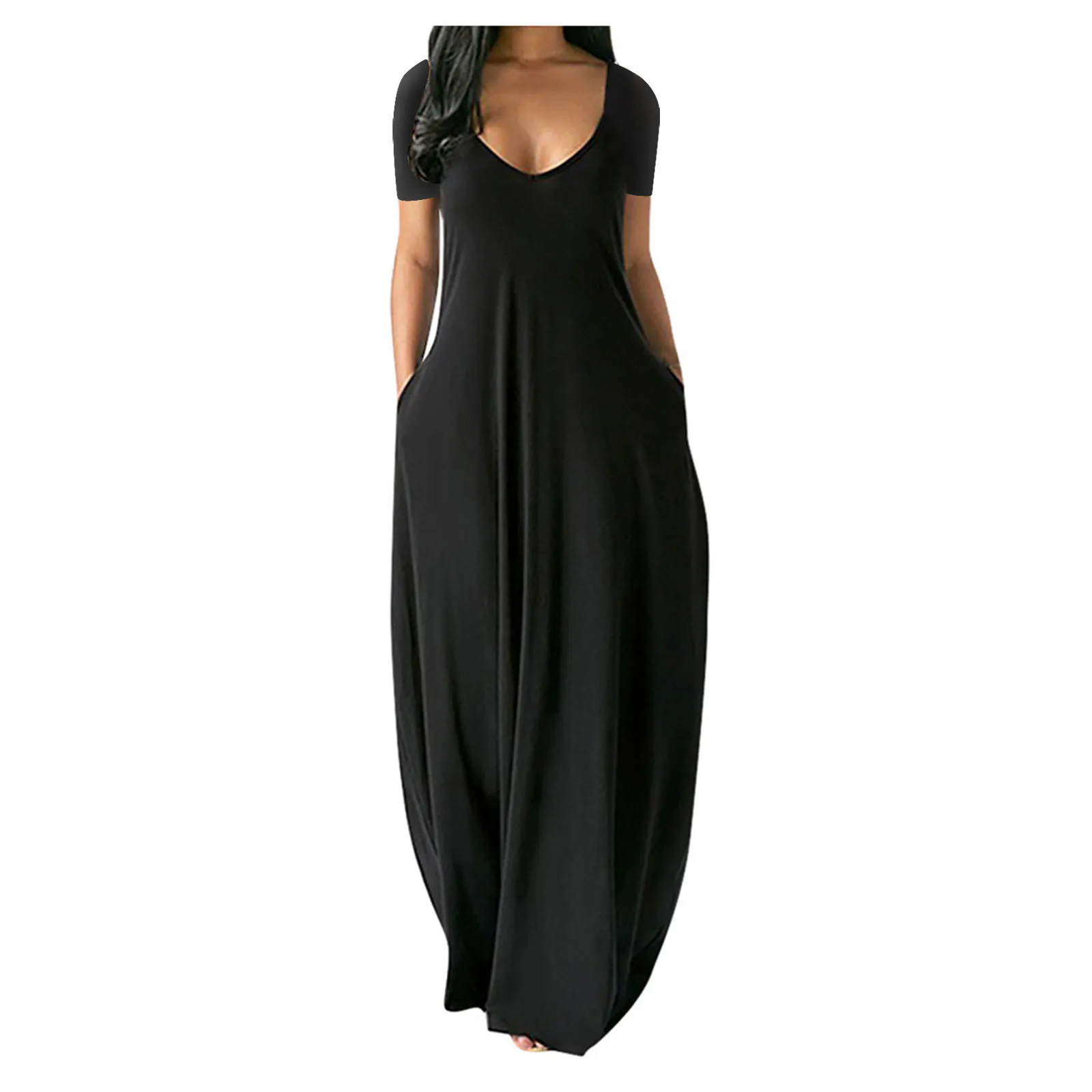 

2020 Fashion Women Dress Summer Casual Plus Size Solid V-Neck Pockets Short Sleeve Long Dress Loose Maxi Dress For Ladies#35