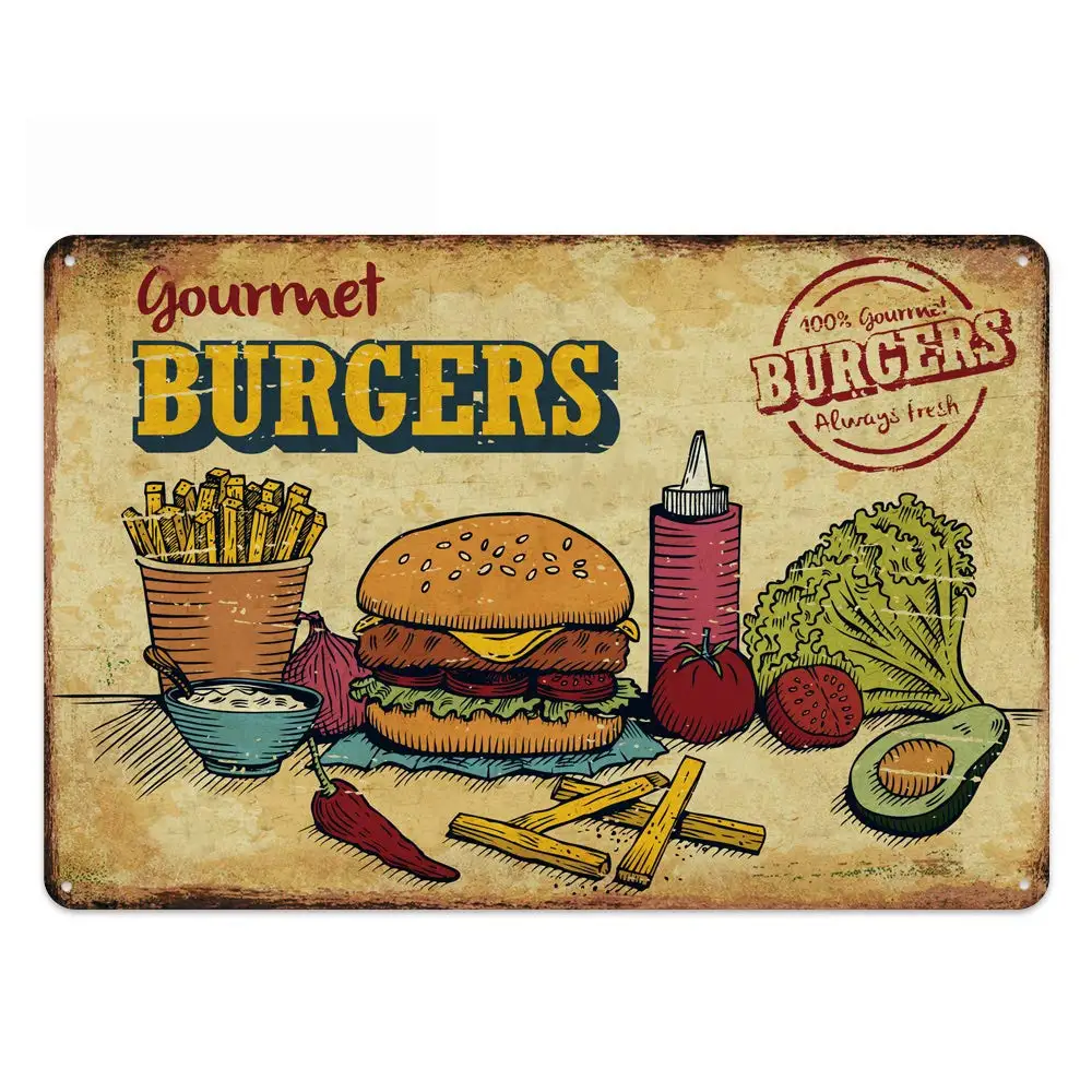 

Original Vintage Design Tin Metal Wall Art Signs, Hamburger Thick Tinplate Print Poster Wall Decoration…