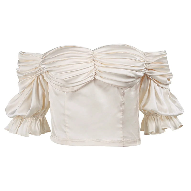 

WannaThis Front Tube Lantern Sleeve Women's T-Shirts Short Sleeve Ruched Sexy Crop Top Summer 2021 Streetwear Elegant Top Summer