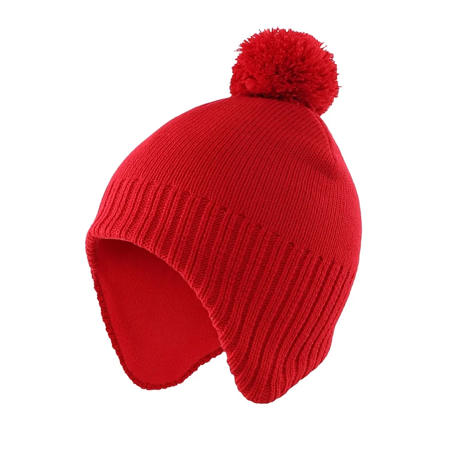 Red Новинка; модная однотонная зимняя теплая шапка для мальчиков и девочек с флисовой подкладкой; детская шапочка с помпоном - Цвет: Red