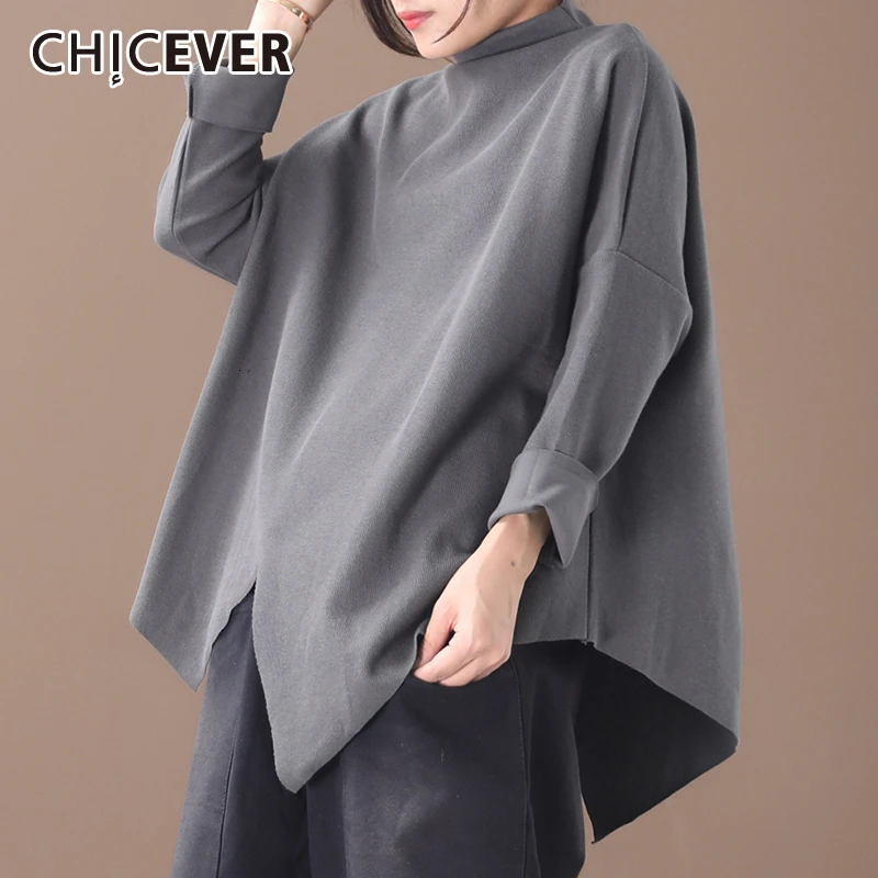 CHICEVER Корейская свободная Асимметричная футболка для женщин водолазка с длинным
