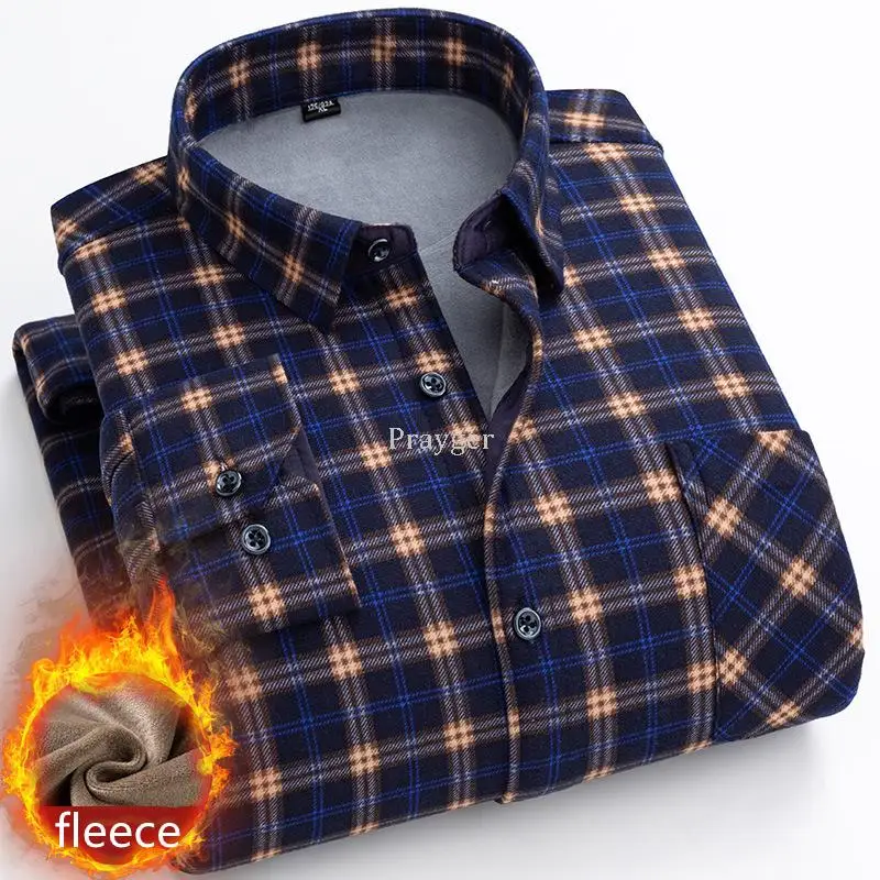 Men Winter Thermal Shirts Warm Fleece Underwear Plaid Flannel Social Thick Tops Long Sleeves Clothes