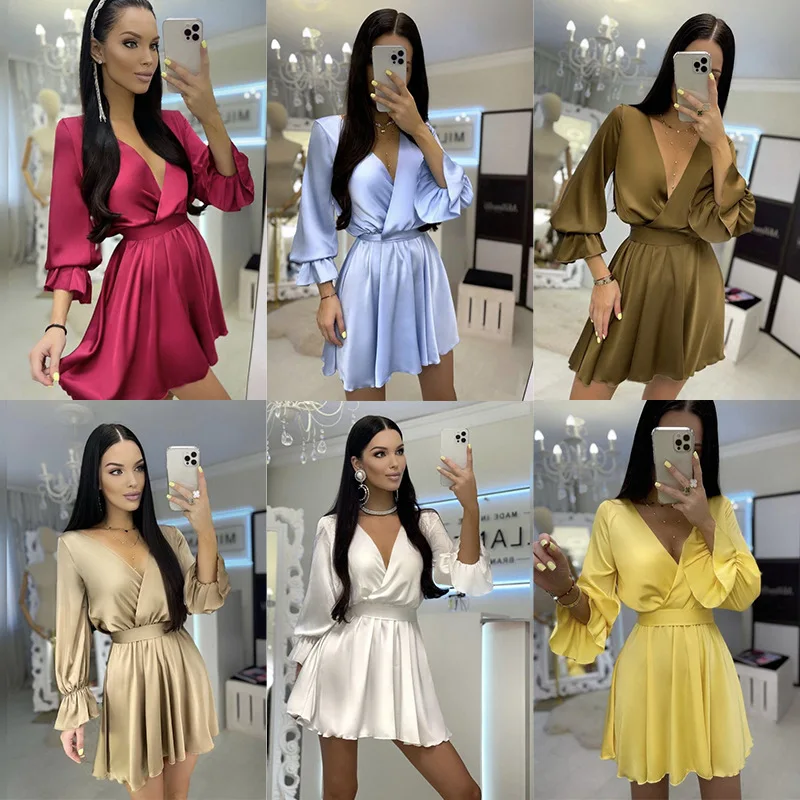 

Женское однотонное платье на шнуровке, привлекательное модное мини-платье синего цвета с глубоким V-образным вырезом и длинным рукавом в ви...