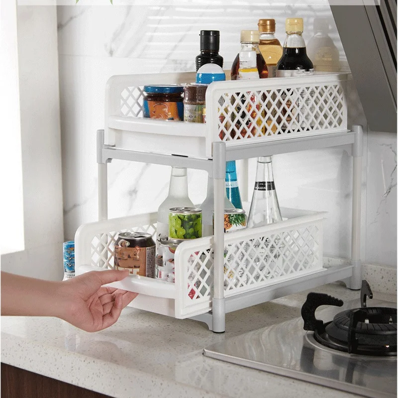 

Multifunction Double Layer Plastic Storage Rack Shelf Holder Freestanding Durable Kitchen Organization Storage Racks