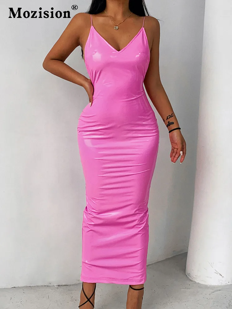 

Mozision Spaghetti Strap PU Leather Dress Women's Winter New Deep V Neck Sleeveless Backless Bodycon Long Dress Clubwear