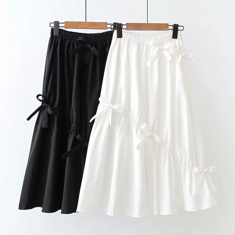 

2021 Spring Summer Fashion Asymmetrical White Black Midi Skirt Women Korean Style Solid Elastic Waist Elegant Office Long Skirt