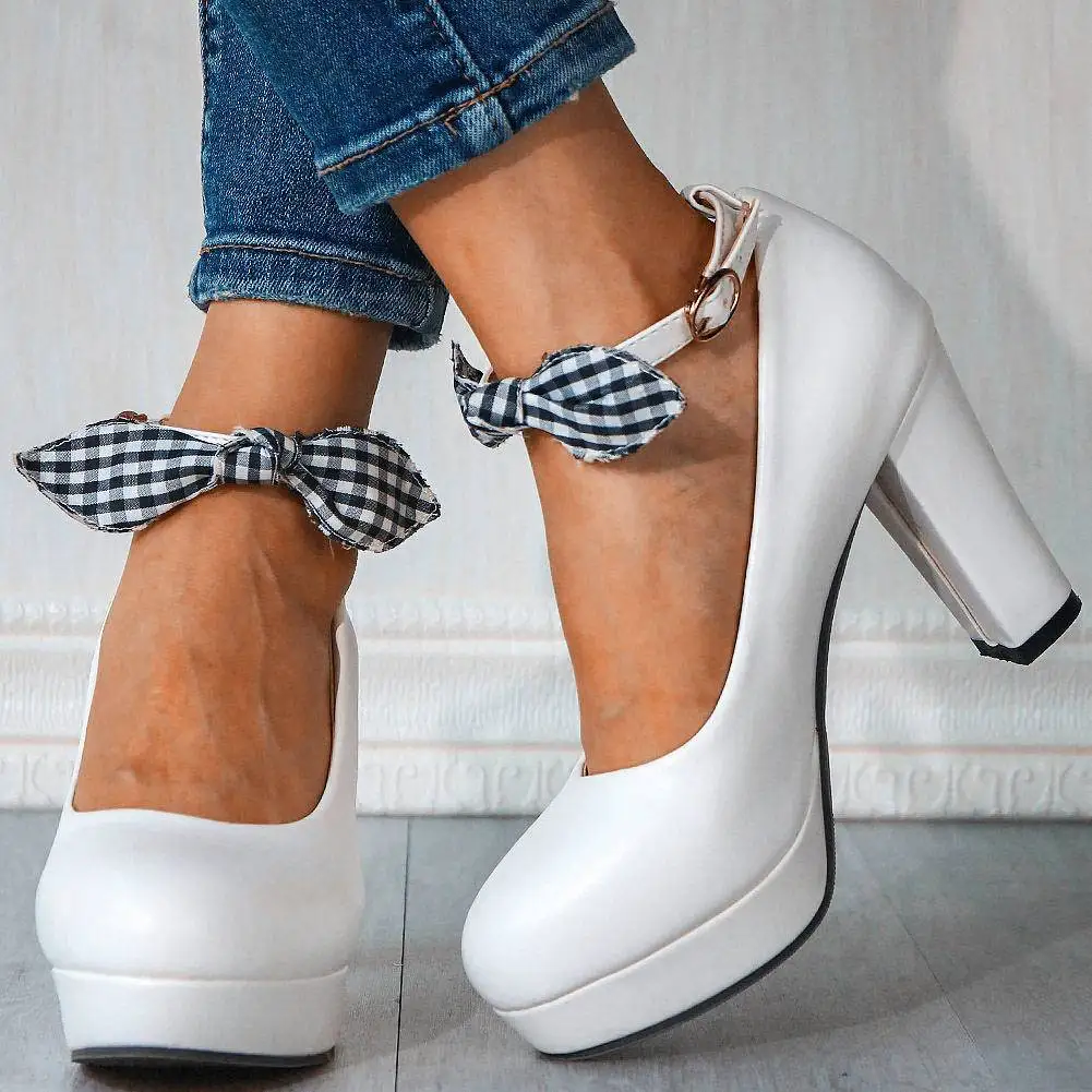 

KarniLuna 2020 New Fashion Large Size 43 Women Pumps Square Heel Round Toe Platform Butterfly-knot Summer Party Woman Shoes
