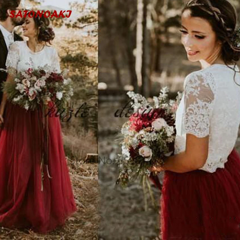 

Vestido De Novia 2022 Burgundy Tulle Country Boho Wedding Dress A-Line Short Sleeves Lace Two Pieces Bridal Gown Online Shop