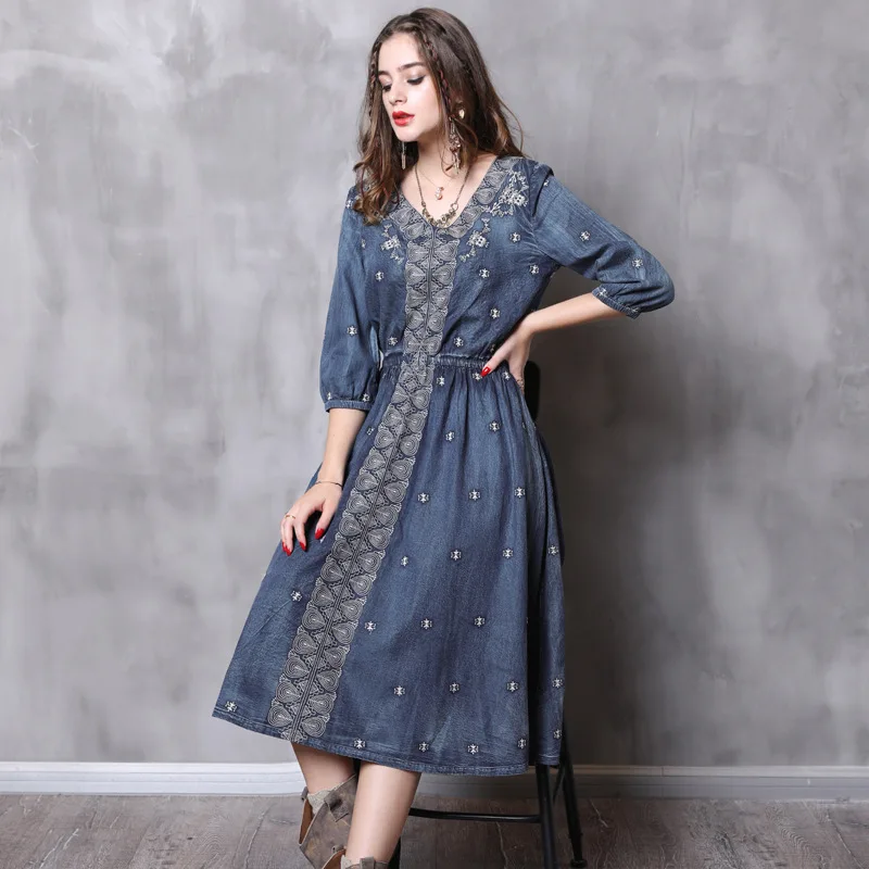 

Vintage Summer Dress Women Denim Vestidos Lantern Sleeve Half-sleeved Flower Embroidery Pleated Long Women Dresses