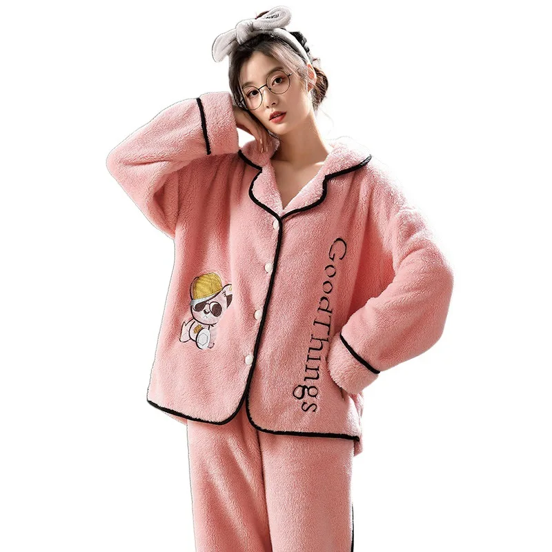 Flannel Pajamas Set for Women Long-sleeved Winter Plus Size Fleece Cartoon Coral Fleece Clothes Sleepwear Nightwear пижама