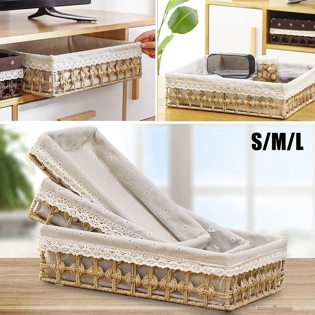 

Handmade Rattan Storage Baskets Rectangular Rattan Wicker Basket Fruit Snack Cosmetic Storage Box Kitchen Orginazer Home Decor