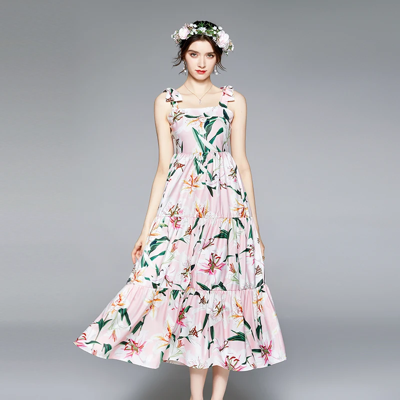

Customize Made Women Summer Fashion Casual 3XS-10XL Black/Pink Lily Flower Print Sleeveless Maxi Long A Line Dress