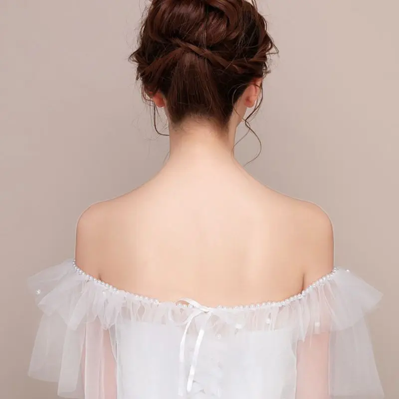 

Women Bridal Wedding Shawl Wrap Imitation Pearl Beaded Tiered Ruffles Sheer Tulle Stole Off Shoulder Lace-up Ribbon Short Cape