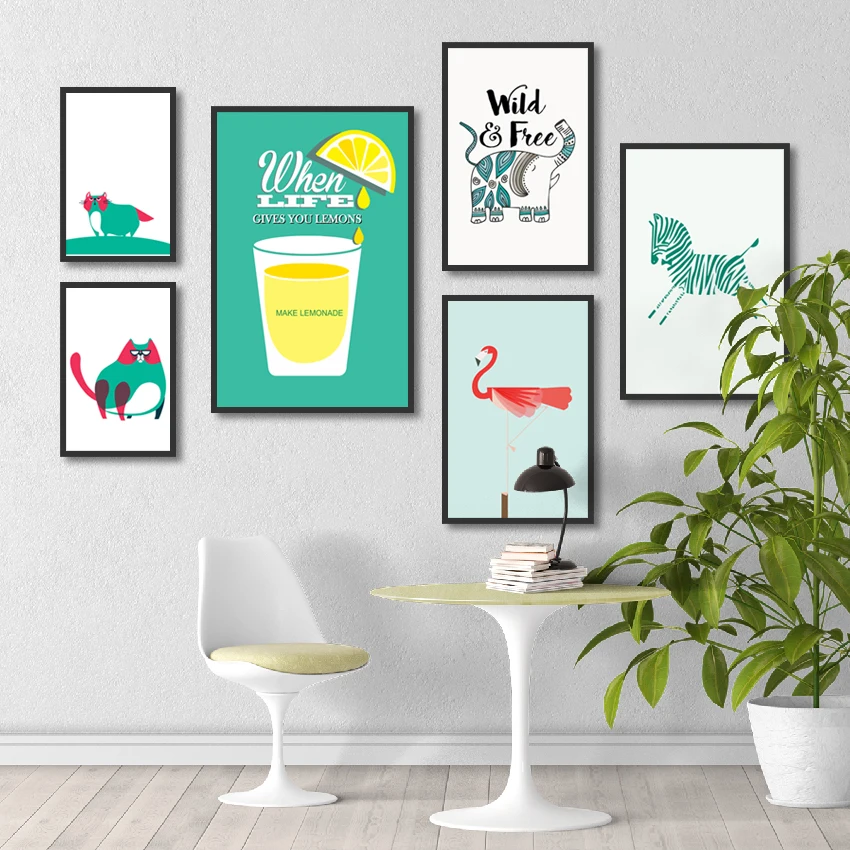 

Canvas Painting Colorful Abstract Cartoon Animals Poster Nordic Modern Fresh English Words Wall Printed Picture Home Decoration