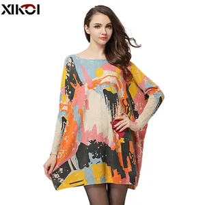 XIKOI негабаритный свитер женские пуловеры длинное платье зимние теплые Рукава модный принт Slash шеи компьютерный вязаный sueter mujer