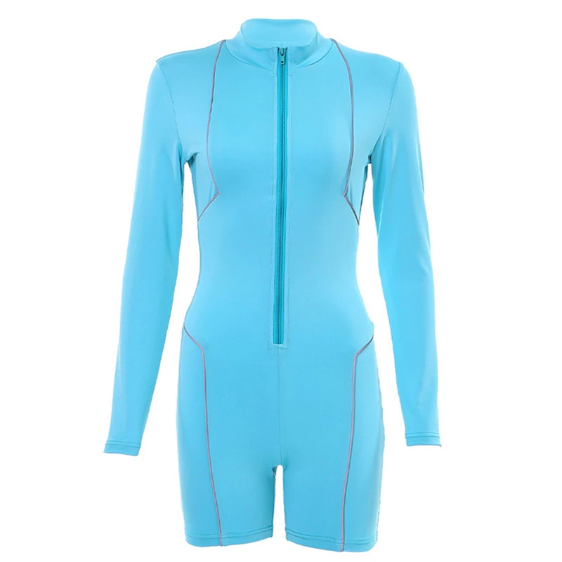 

Women Fashion Playsuit Full Sleeve Zipper Fly Reflective Striped Patchwork Rompers 2021 Female Elastic Skinny Bodysuits