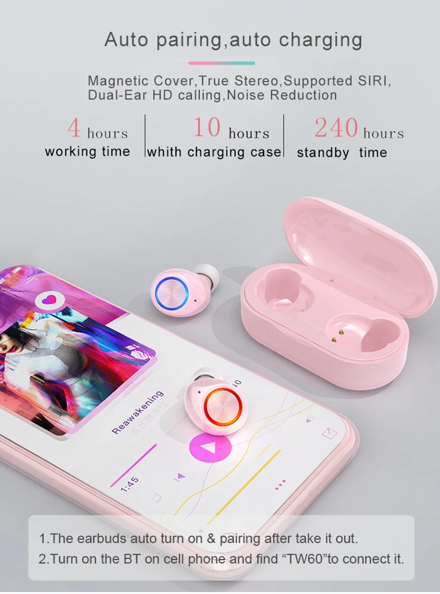 TW60 Touch control беспроводные наушники Buletooth 5,0 гарнитура 8D объемный HiFi стерео наушники спортивные наушники с микрофоном для телефонов