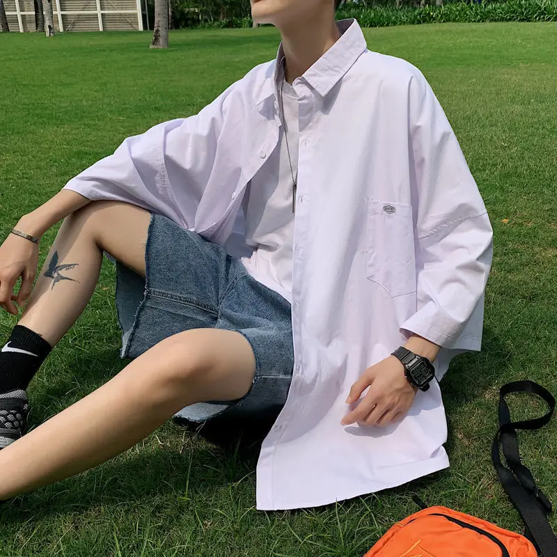 

Privathinker Korean Style Men Shirts Oversizes Casual Three Quarter Sleeve Male Shirts Solid Color Cotton Loose Women Tops