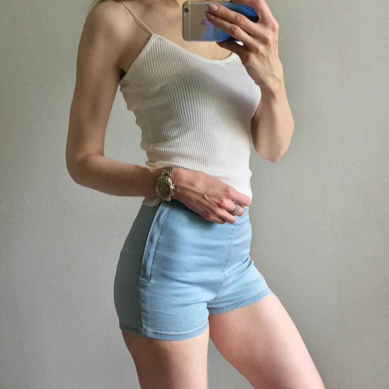 Шорты GOPLUS женские джинсовые с завышенной талией синие черные белые C1078 на лето