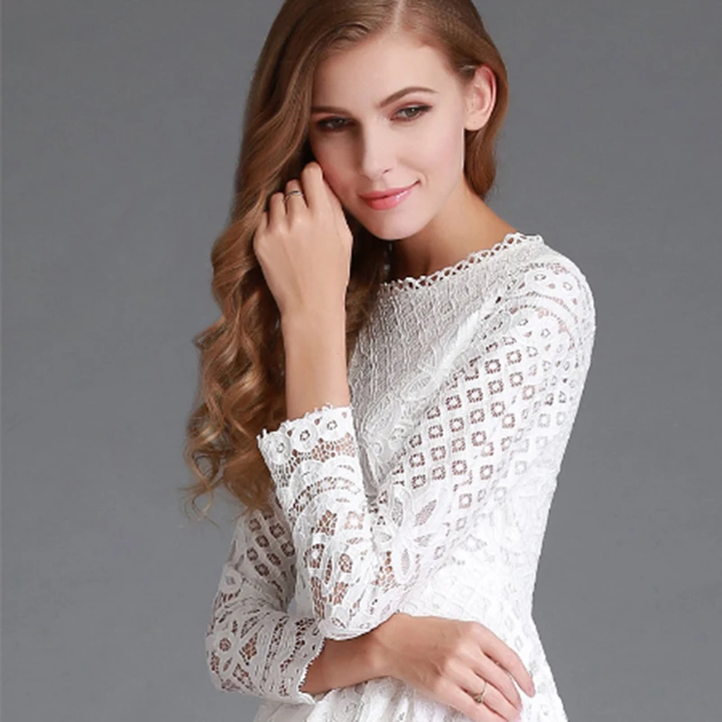 

High Quality Elegant Hollow Out Lace Dress Women Long Sleeve Autumn Style Midi-calf White Lace Dress Spring Party Dress Vestidos