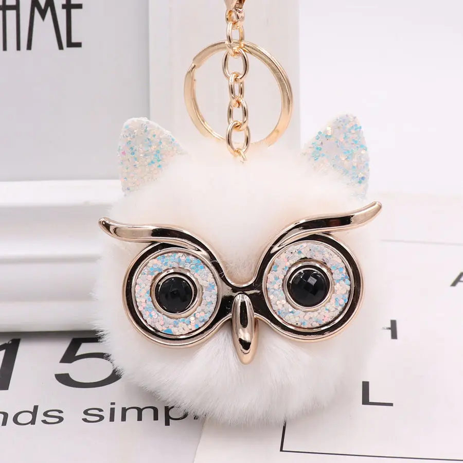 

Cute Cartoon Owl Fluffy Rabbit Fur Plush Ball Pom Pom Pendant Key Chain For Bag Car Trinket Animal Keychain Handbag Key Ring