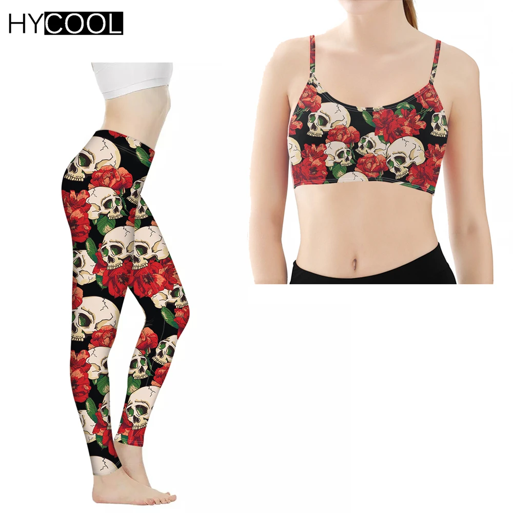 

Женский спортивный костюм HYCOOL с принтом черепа и розы, женские леггинсы и спортивный бюстгальтер