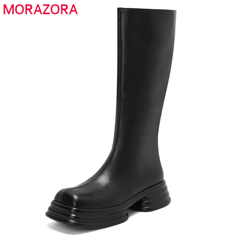 

MORAZORA 2022 New Arrive Genuine Leather Knee High Boots Women Shoes Square Toe Zipper Autumn Winter Riding Boots Women