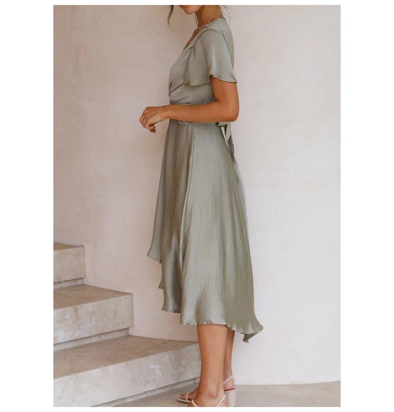 

2021 Summer Sexy Hollow Out Temperament Women's Short-Sleeved V-Neck Irregular Dress Ladies Solid Color High Waist Maxi Dress