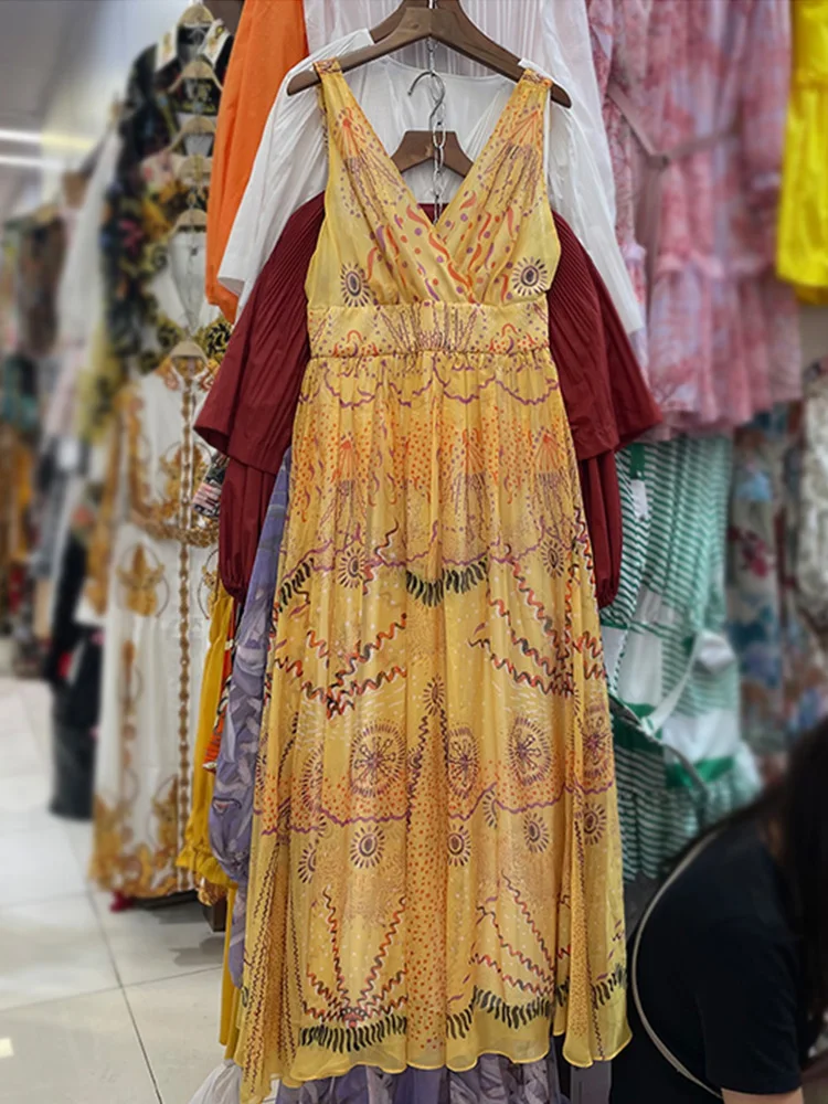 

Sexy Deep V-neck Sleeveless Leaky Back Geometric Print High Waist Dress Ladies Summer New Style Loose Big Swing