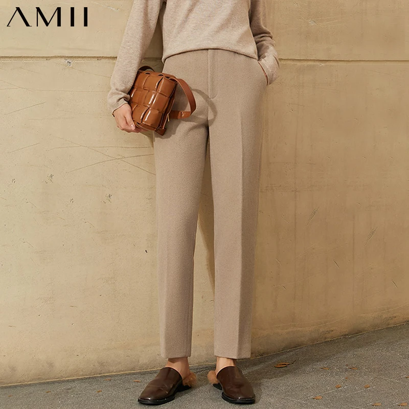 

Amii Minimalism Winter Women's Pants Fashion Solid Thick Woolen Causal Female Trousers Straight Ankel-length Pants 12030612