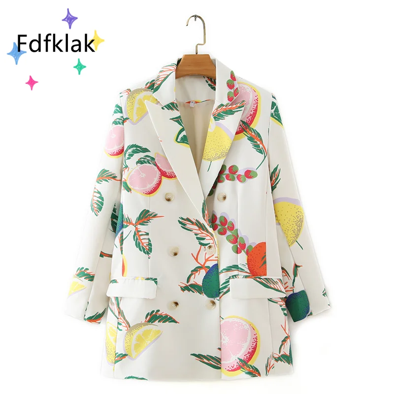 Fdfklak Women 2021 Fashion Double Breasted Blazer Coat Vintage Long Sleeve Flap Pockets Female Outerwear Chic Fruit Print Tops