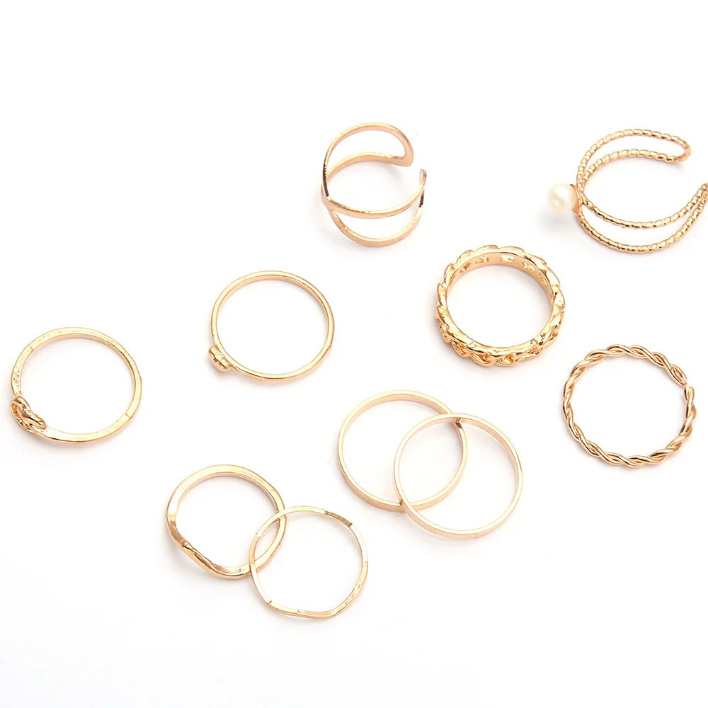 

10pcs boho style hot sale new product joint pearl ring cross simple hollow 10-piece ring for female jewelry gift birthday gift