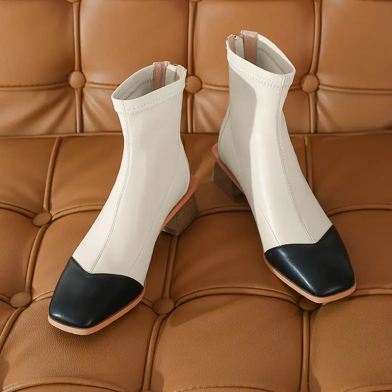 

2021 New Square High Heel Zipper Ankle Boots office Ladies dress Shoes Round Toe Autumn Winter Women Shoes Size 34-43