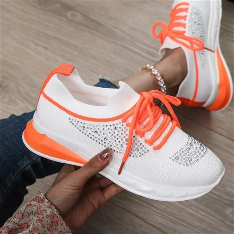 

2021 Spring Women's Vulcanized Shoes Fashion Rhinestone Outdoor Platform Comfortable Sneakers Lace Up Walking Shoes for Woman