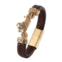 retro men jewelry gold color stainless steel motorcycle brown genuine braided leather bracelet mens wristband gift bb0753