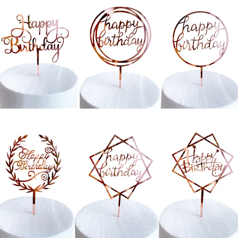 

New Round happy birthday Cake Topper Rose gold Acrylic Party Dessert Decorating Cake Toppers For Baby shower birthday Cakes gift
