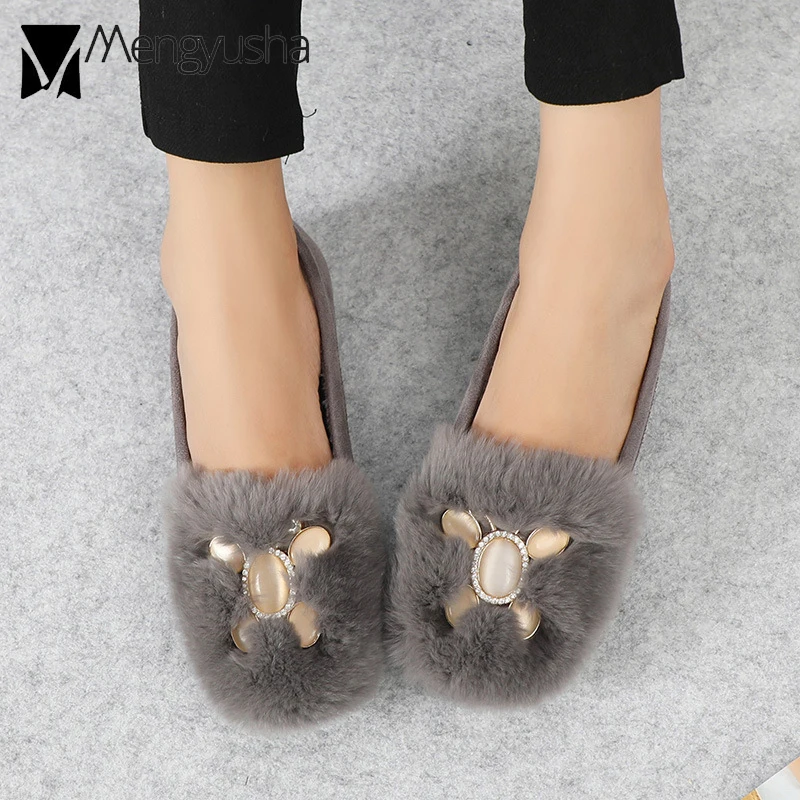 Зимняя обувь Обувь с натуральным мехом кролика Женские из флиса на плоской