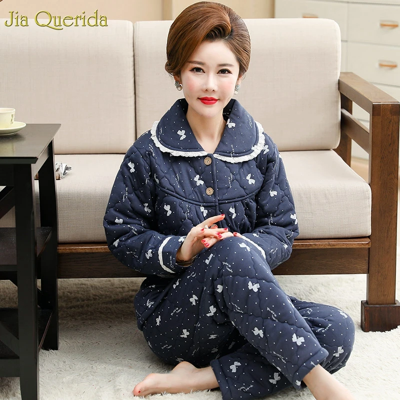 Butterfly Printing Pajamas Women Winter Home Lingerie Pyjamas Thick 3 Layer Padded Cardigan Jacket Plus Size Women's Two Pieces | Женская