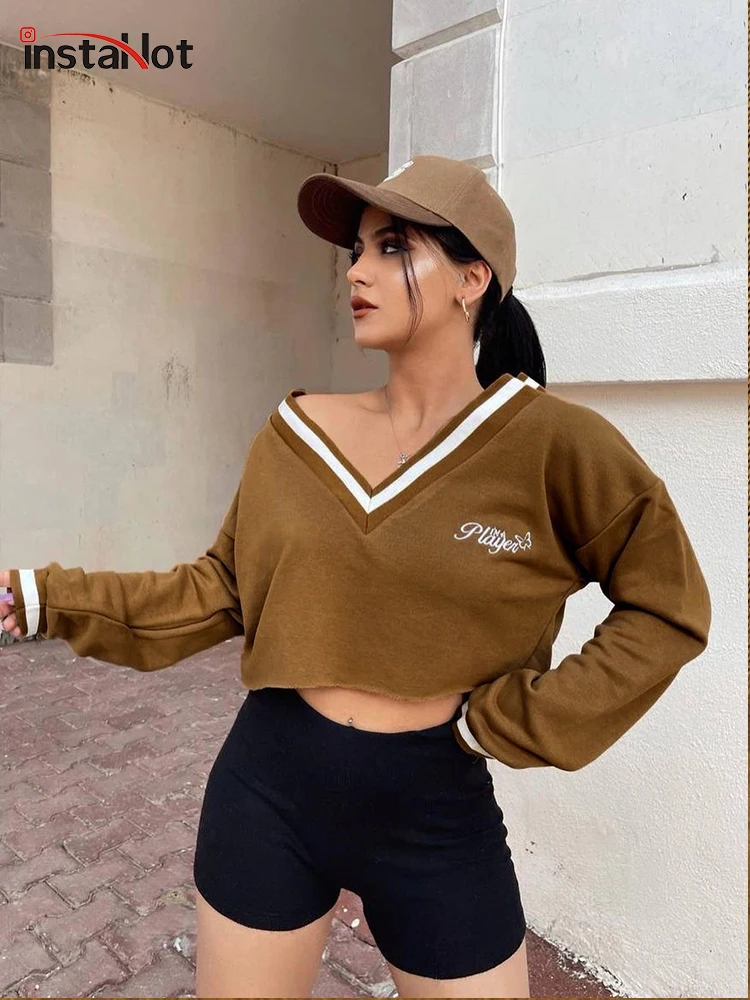 

InstaHot/Женская толстовка большого размера с длинным рукавом, осенняя повседневная одежда Harajuku с вышитыми буквами, пуловеры, новинка 2021