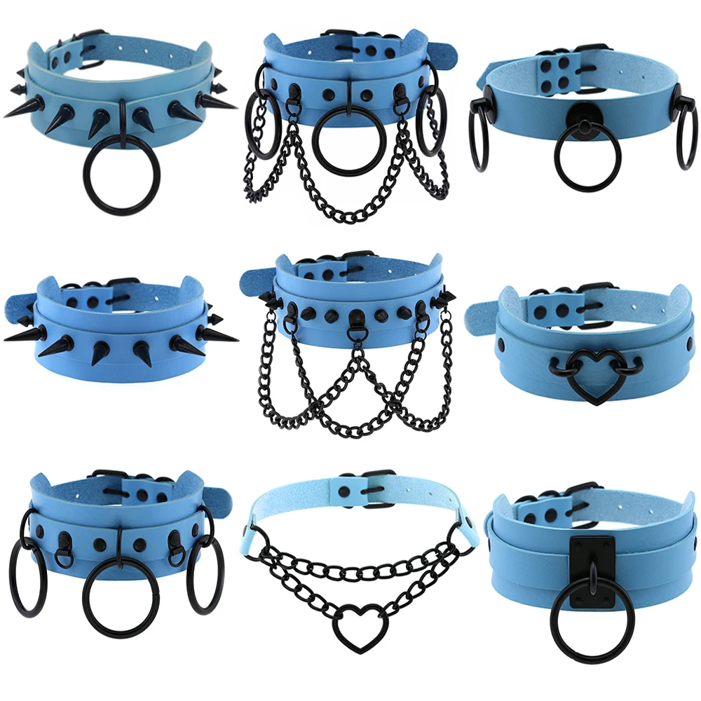 

2021 Trendy Retro Blue PU Leather Choker Necklaces Metal Rivet Studded Collar Gothic Harajuku Women Jewelry Clothes Accessories