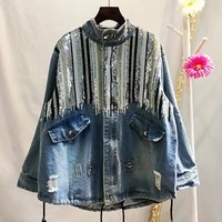 ladies high street modern metal chain sequined fringed denim jacket new casual womens jacket trend in autumn and winter