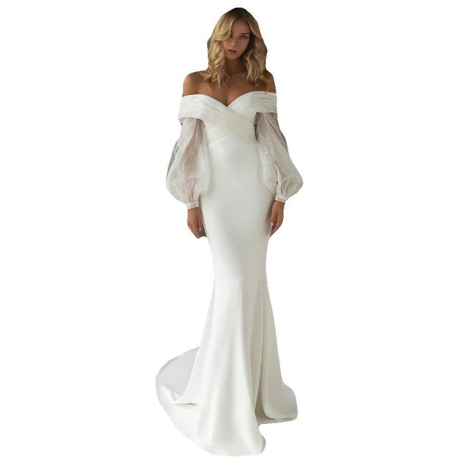 

Evening dress solid color shoulder four seasons dress wedding dress open back wedding dress