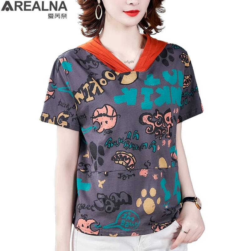 

Хлопковая Повседневная футболка в стиле Харадзюку, корейские футболки с графическим рисунком, женские рубашки с капюшоном, уличная одежда, ...