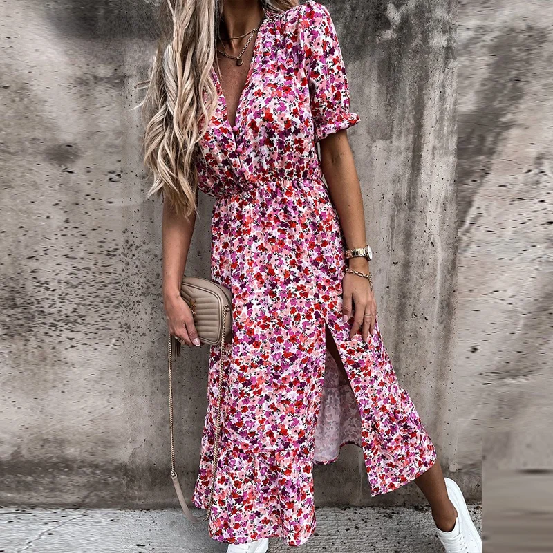 

Summer New arrival Floral Pattern Slim Dress Casual Short Sleeve High Waist Dresses Female Sexy V-Neck Outdoor Colorful Dresses