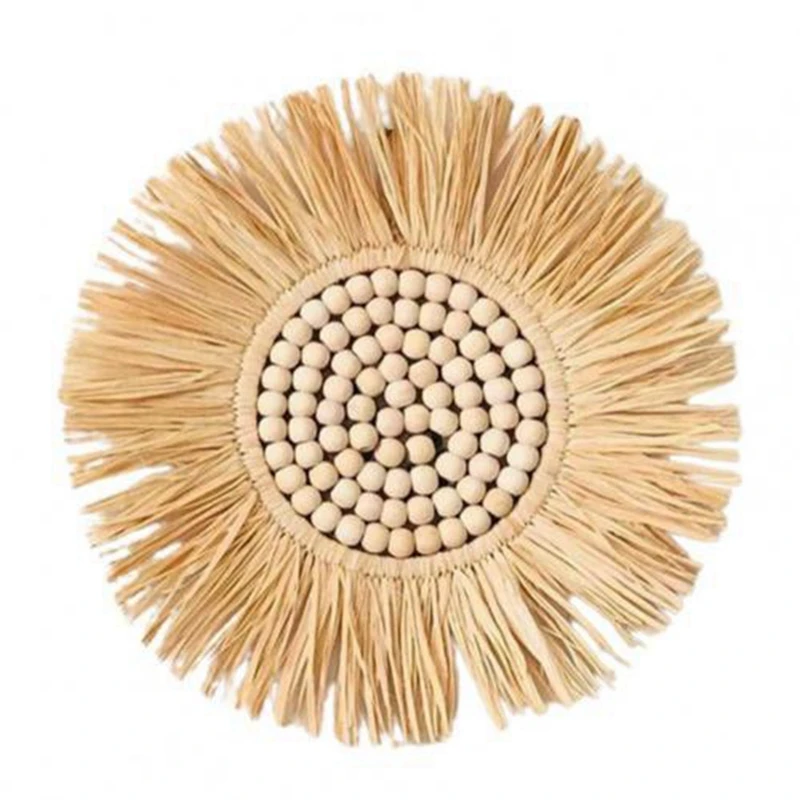 

AT69 -40CM Acrylic Hanging Mirror Moroccan Style Straw Wood Beads Pendant Decorative Ornament Sofa Background Wall Decor