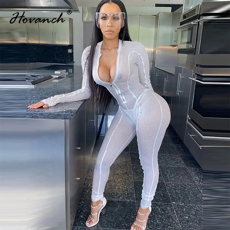 

Hovanch Solid Color Sexy Mesh Perspective Zipper Long Sleeve Women's Romper 2021 Winter Party Club