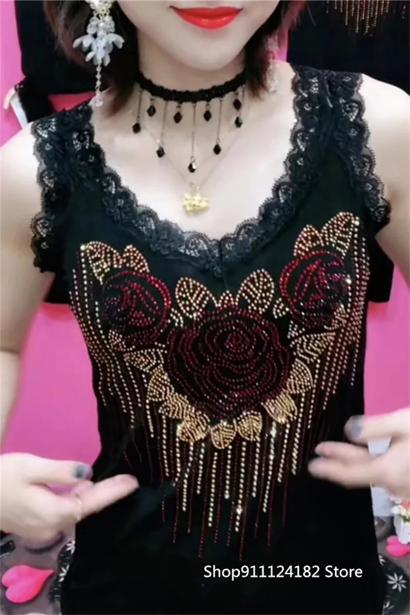

2021 Summer New Net Red Camisole Heavy Industry Diamond-Studded Lace Vest Women's Self-Cultivation All-Match Bottoming Shirt Top