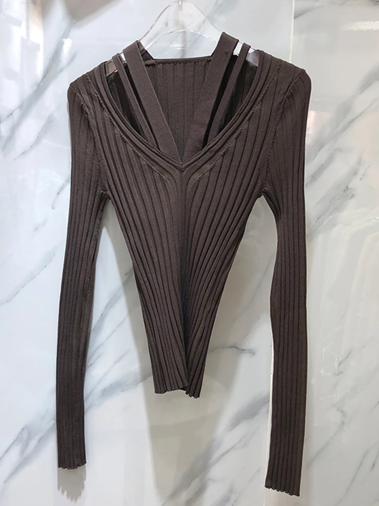 

Free shipping solid color sexy hollow V-neck knit stretch tight sweater pullover ladies autumn new personality all-match