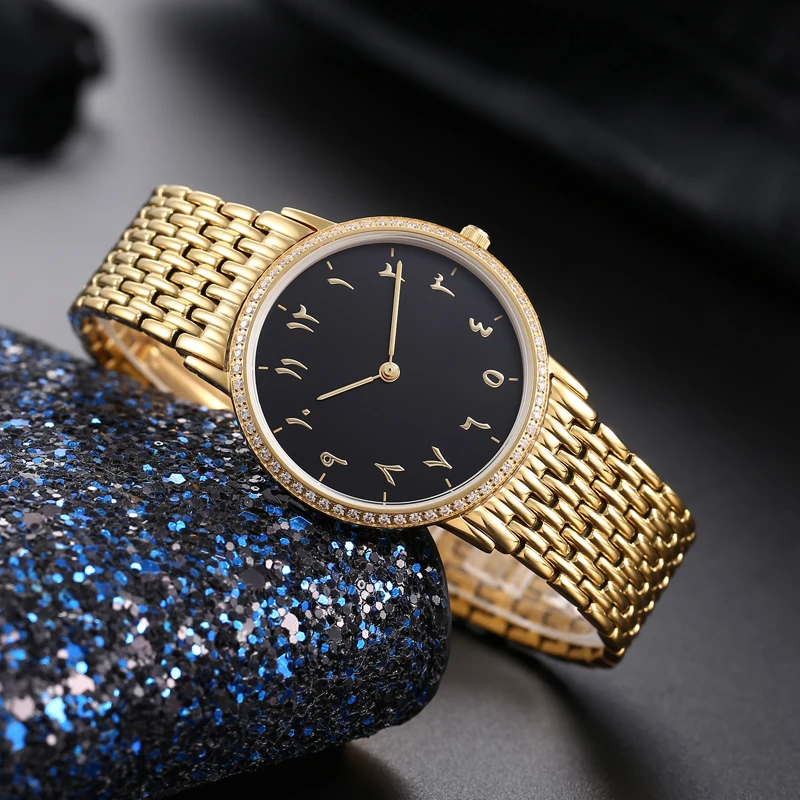 Часы наручные стальные унисекс мусульманские с арабскими цифрами и стальным