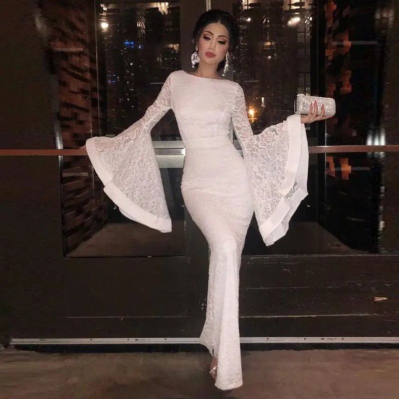 Женское винтажное кружевное платье элегантное белое с длинным рукавом и